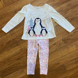 Adorable penguin top & matching leggings. Pink & gray-blue, 4T